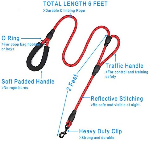 Plutus Pet Rope Dog Leash with Double Handles, 6 FT Long, Reflective
