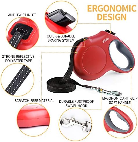 Fida Retractable Dog Leash with Dispenser and Poop Bags, 16 ft, Red