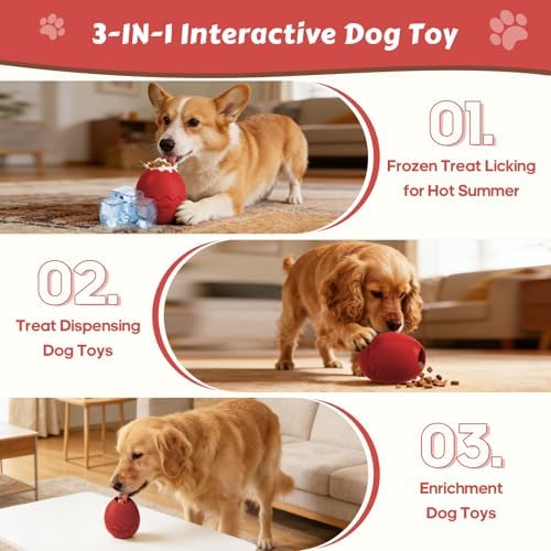 Dog Fillable Toy 3 in 1 Interactive Dog Toys Freeze Lick Summer Cooling Toy Enrichment Treat Dispensing Chew Toy Stuffable Puzzle Slow Feeder for Medium Small Dogs Easy to Clean (Egg-red)