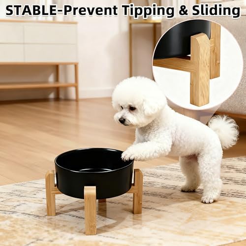 Elevated/Raised Ceramic Dog Bowl with Bamboo Stand,8 inch 7.6 Cups Non-Slip Heavy-Weighted Single Pet Dish, Reduces Neck Strain Black