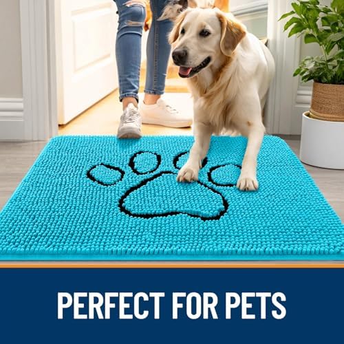 OLANLY Dog Door Mat for Muddy Paws 48x30, Paw Print Design Chenille Mud Mat