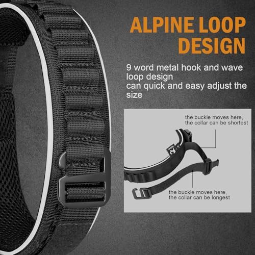 HYDEME Tactical Dog Collar, Alpine Loop Adjustable Military Training Nylon Dog Collars with Handle and Reflective for Small Medium Large Dogs, with Airtags Protective Case & Patches.(M,Black)