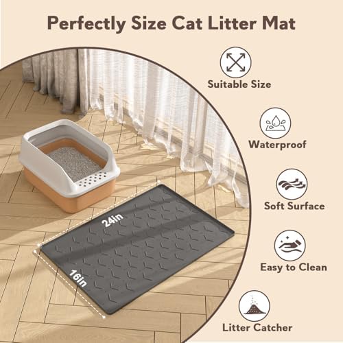 Garoopion Silicone Cat Litter Mat 24×16 inch, Easy to Clean, Dark Gray