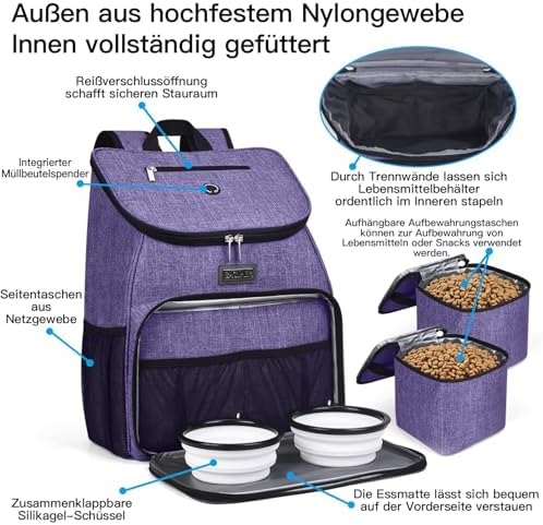 BAGLHER丨Dog Travel Bag, Airline Approved Pet Supplies Backpack, Dog Travel Backpack Accessories Set with 2 Silicone Collapsible Bowls and 2 Food Baskets. Purple