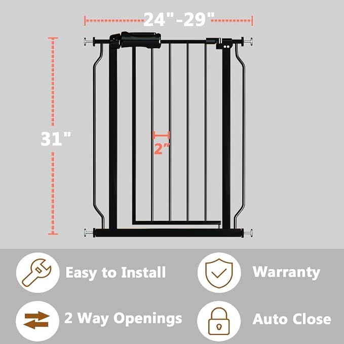Fairy Baby Narrow Baby Gate for Doorways Stairs, 24-29 inch Wide Pressure Mounted Walk Through Metal Auto Close Safety Child Gates for Kids or Pets, Black