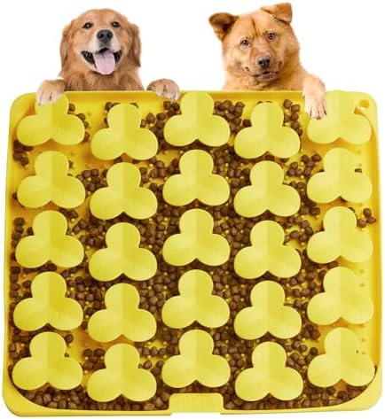 Puzzle Feeder Snuffle Mat for Dogs, Lick Mat to Slow Down Eating, Puzzle Toys for Large and Medium Breed Dogs, Silicone Bowls for Dry, Wet, Raw Food, Yellow