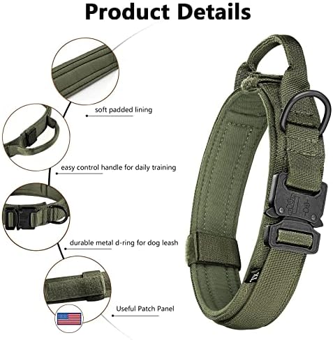 DAGANXI Tactical Dog Collar, Adjustable Military Training Nylon Dog Collar with Control Handle and Heavy Metal Buckle for Medium and Large Dogs, with Patches and Airtags Case (L, Green)
