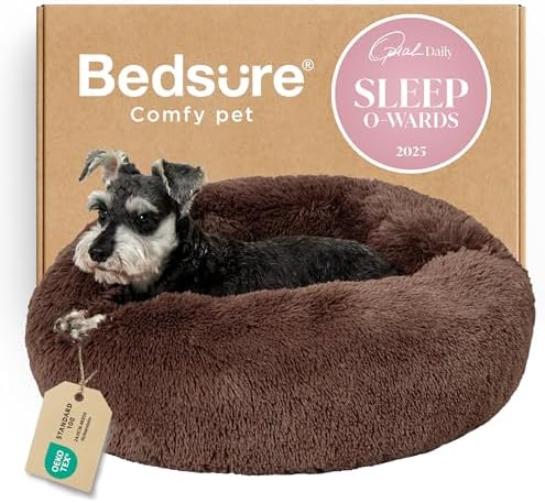 Bedsure Calming Small Medium Dog Bed Donut Washable Puppy Bed,27ins Coffee