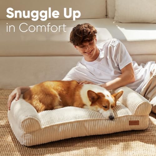 FUKUMARU Dog Couch Bed, Corduroy Cozy Cat Bed, Waterproof, Washable Cover