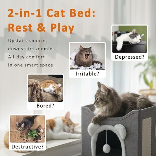Cat Houses for Indoor Cats, Large Cats Bed Cave, Kitten Cube Box,Cat Condo with Scratching Pad, Hanging Fluffy Ball & Peekaboo Window, Foldable Hideaway Hand-Washable(16x16x13.3 Inches,Grey)