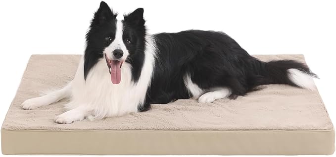 KSIIA Orthopedic Dog Bed for Large Dogs with Waterproof Lining, Khaki,41x27 | Deluxe Soft Plush Dog Crate Bed, Washable Pet Mat with Removable Cover & Egg Crate Foam for Large Dogs Sleeping & Relaxing