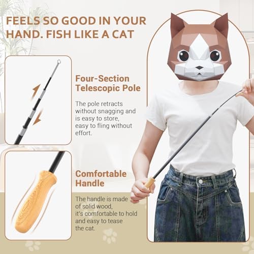 ROSAUI Cat Teaser Wand Toys, Interactive Bird Toy for Indoor Kittens, 53.15’’ Long Cat Fishing Pole Toys, 2X Wires and 5X Natural Refills, Sustainable Wooden Handles, Exercising, Playing