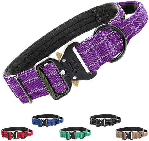 Tuff Pupper Tactical Dog Collar | Heavy Duty 1.5" Wide Ballistic Nylon | Training Control Handle | Quick-Release Metal Buckle | Reflective Bands | ID Tag Holder | Padded Inner Lining (Purple, Large)