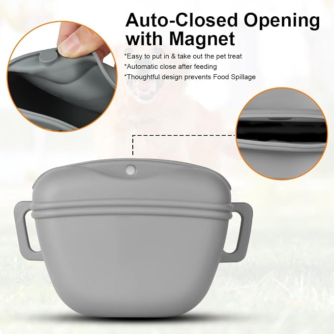 AOMIG Dog Treat Pouch with Training Clicker, 1.67 Cup Silicone Dog Treat Bag with Stronger Magnetic Closure, Portable Pouches for Pet Training Walking Premium Fanny Pack with Waist Belt(Grey)