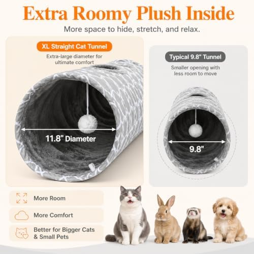 Geometric Straight Cat Tunnel with Plush Inside,Cats Toys Collapsible Tunnel Tube with Balls, for Rabbits, Kittens, Ferrets,Puppy,Diameter 11.8 Inch
