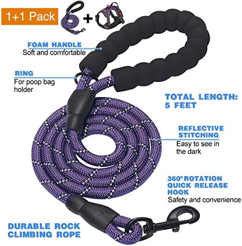 tobeDRI No Pull Dog Harness Adjustable Reflective Oxford Easy Control Medium Large Dog Harness with A Free Heavy Duty 5ft Dog Leash, Purple, L