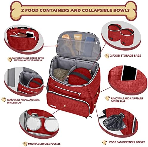 BAGLHER 丨Dog Travel Bag Backpack, Airline Approved Pet Supplies Backpack, Dog Travel Backpack with 2 Silicone Collapsible Bowls and 2 Food Baskets Red