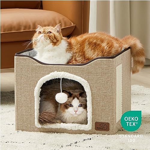 Bedsure Cat House Bed for Indoor Cats with Fluffy Ball and Scratch Pad