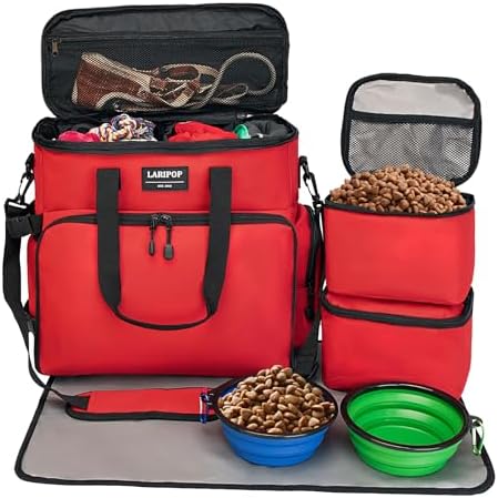 LARIPOP Dog Travel Bag Airline Friendly for Small Medium Large Dogs, Pet Travel Organizer with Collapsible Bowls Food Containers Mat, Waterproof Portable Tote for Dog Outdoor Travel