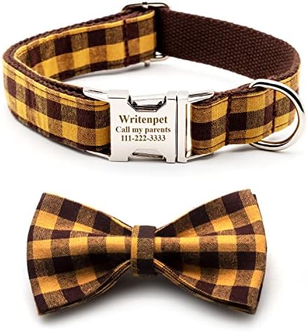 Personalized Dog Collar with Bowtie, Customized Engraving Name Phone Number Address, Adjustable Sizes for Small Medium Large Dogs, Leash Optional (Brown/Yellow Plaid)