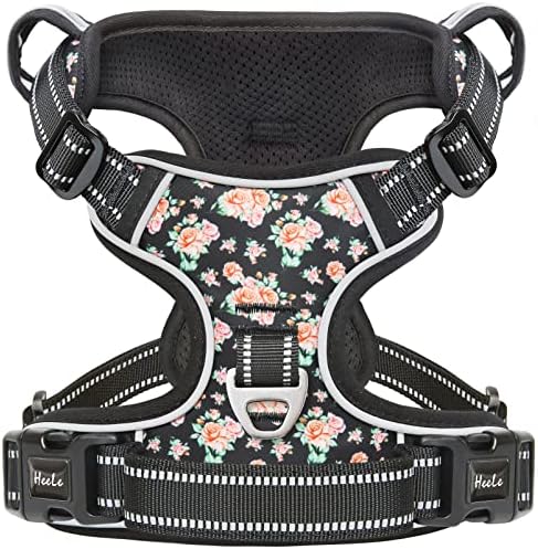 HEELE Dog Harness, No Pull Adjustable Padded Reflective Harness for Small Medium Large Dogs with Handle for Walking Training, Flower-Black, L