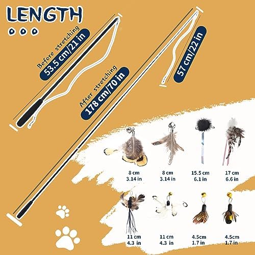 LELE LIFE 70'' Ultra Long Cat Wand Toy for Full Fun, Interactive Cat Toys for Indoor Cats Kitten, 2Pcs Retractable Flexible Poles and 8Pcs Cat Feather Toys Bell Teaser Refills, 2Pcs String Refills