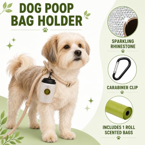 Diamond Rhinestone Coffee Cup Dog Poop Bag Holder for Leashes Leak Proof Trash Bag Dispenser with Carabiner Includes 15 Scented Dog Waste Bags Pet Walking Accessories for Cats Litter Gift