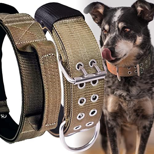 Large Dog Collar Heavy Duty - 2 inch Wide with Handle for Extra Large Breed Dogs, 1/3" Thick Nylon Chew Proof Tactical Collar, Good Choice for German Shepherd,Pitbull,Rottweiler,Khaki,22-27 in