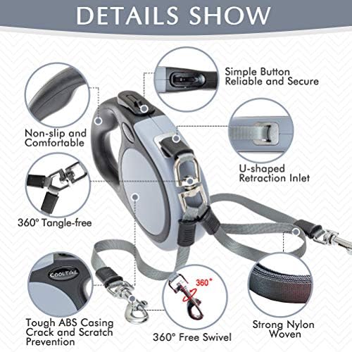 KOOLTAIL Dual Retractable Dog Leash for Two Dogs Up to 110 Lbs, Heavy Duty Double Headed 16 ft Extendable 360° Tangle-Free One Button & Lock Brake Dog Leash for Small Medium Large Dogs Grey