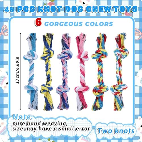 48 Pcs Dog Rope Toys Bulk, 100% Cotton Rope Dog Toys for Aggressive Chewers Durable Puppy Tug of War Toy with Knot, Interactive Puppy Toy for Small & Medium Pet Teething, Teeth Cleaning - 6 Colors