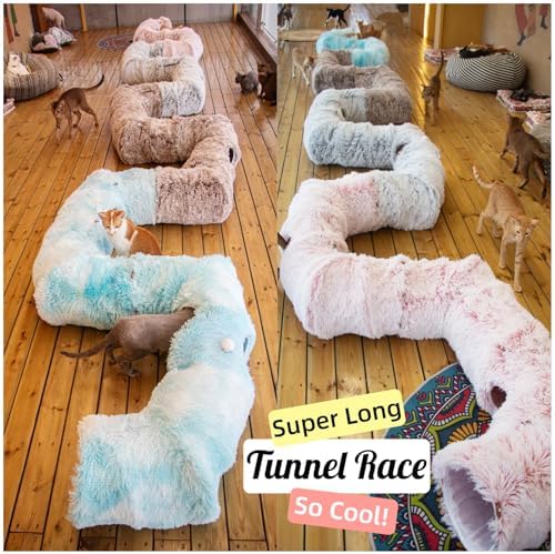 XxingSheep 4 Cave Shuttled XL Cat Tunnel Bed for Indoor Cats Peekaboo Toy Donut with Warm Mat, Yellow-Brown