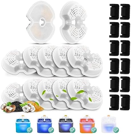 12 Pack Replacement Filters & Pump Sponges for 67oz/2L Colorful Cat Fountain with LED Light, BFLICROY Cat Water Fountain Filter, Quadruple Filtration Pet Fountain Filters Replacement