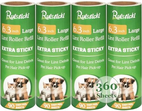 6.3 inch Lint Roller Refills Only for 6.3'' Large Lint Rollers Extra Sticky Lint Pet Hair 6.3 inch Replacement Rolls, Pack of 4 Refills, 90 Sheets per Refill, 360 Sheets Total