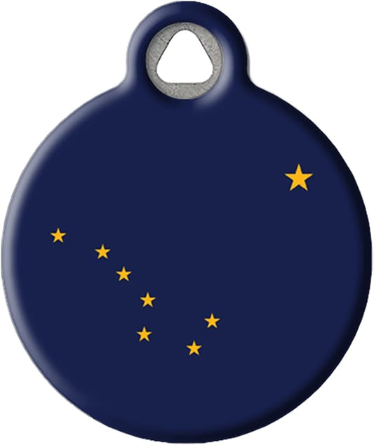 Alaskan State Flag Personalized Pet ID Tag for Dogs and Cats, Silent Polymer Coated Stainless Steel Alaska Nametag with Customized Identification Information - Large 1.25" Diameter