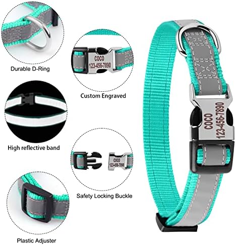 Reflective Personalized Dog Collar - Custom Engraved with Pet Name and Phone Number for Boy and Girl Dogs, 4 Adjustable Sizes, XSmall,Small, Medium and Large