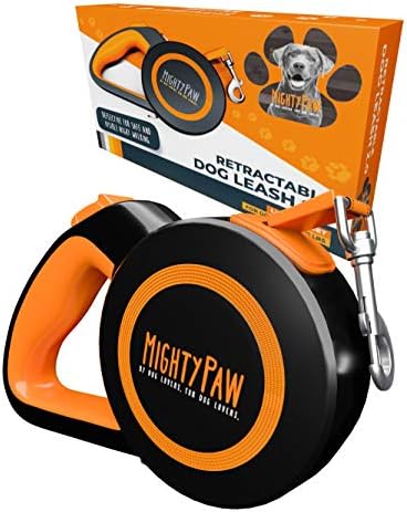 Mighty Paw Retractable Dog Leash 2.0 | 16' Heavy Duty Reflective Nylon Tape Lead for Pets up to 0-50 lbs. Tangle Free Design W/One Touch Quick-Lock Braking System & Anti-Slip Handle (Orange/Lite)
