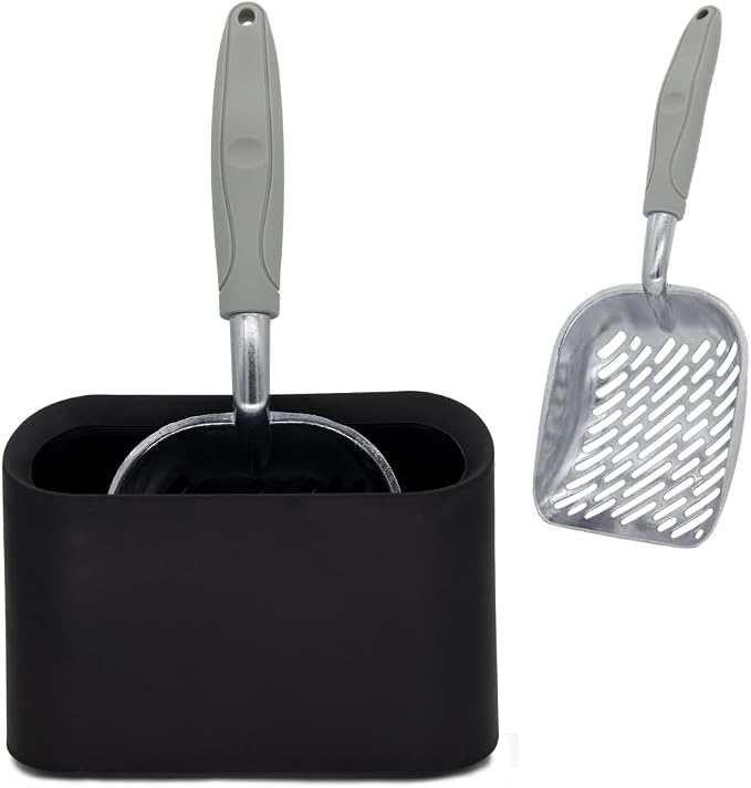 Metal Cat Litter Scoop with Holder, Aluminum Cats Litter Scooper Captures All Clumps, Heavy Duty Metal Kitty Scoopers with Holder, Cat Metal Scoop and Holder (Black) | Metal Cat Litter Scoop with Holder