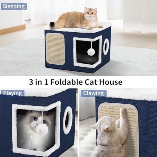 Shikha Cat House Bed for Indoor Cats with Fluffy Ball and Scratch Pad Blue