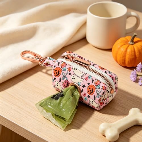 ARING PET Halloween Dog Poop Bag Holder, Cotton Puppy Pink Pumpkin Ghost Waste Bag Dispenser Attach to Any Leashes, Portable Washable Pet Waste Pouch Holder with Two Rolls of Bags