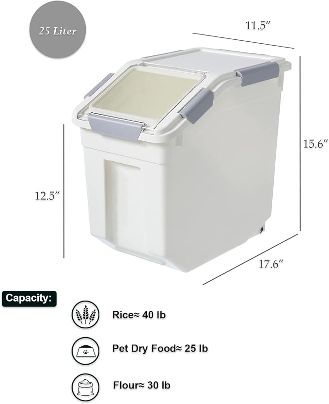 25 Liter / 40 lbs Rice Storage Container with Measuring Cup, BPA free, For Rice | Grain | Pet Food | Flour, 2 count, White