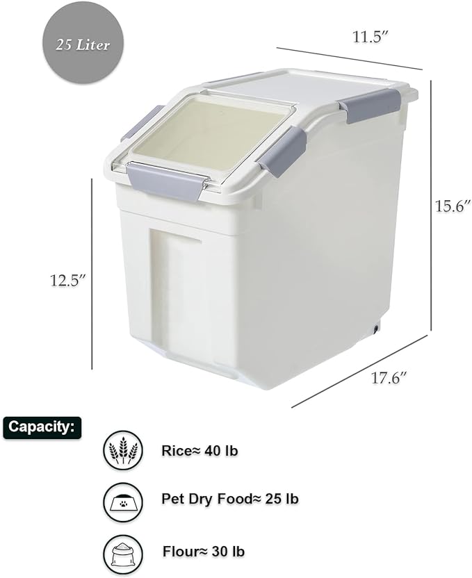 25 Liter / 40 lbs Rice Storage Container with Measuring Cup, BPA free, For Rice | Grain | Pet Food | Flour, 1 count, White