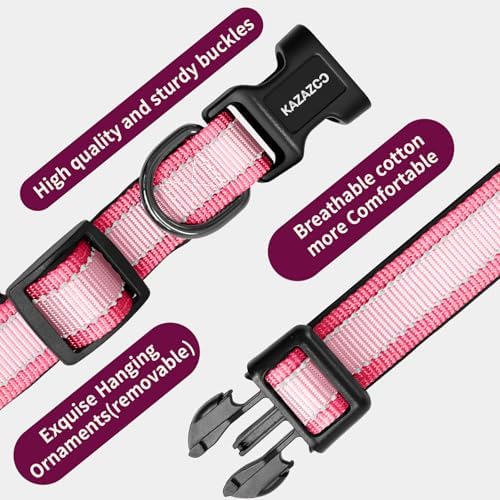 Kazazoo Large Dog Collar, Reflective Nylon Collar,No Pull,Heavy Duty Collar,Soft Neoprene Breathable & Quick Release Buckle Dog Collars for Labrador Retriever,German Shepherd,Golden Retriever Pink-XL