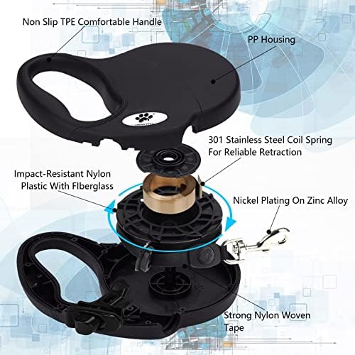 13 ft Retractable Dog Leash for Large Dogs up to 26 lbs,Tangle-Free Nylon Tape,Black Dan S