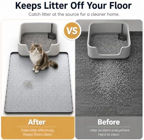 Cat Litter Mat, 40"x28" Extra Large, Waterproof Non Slip, Urine Proof & Easy Clean, Floor Protection Pad for Cat Litter Box Light Gray