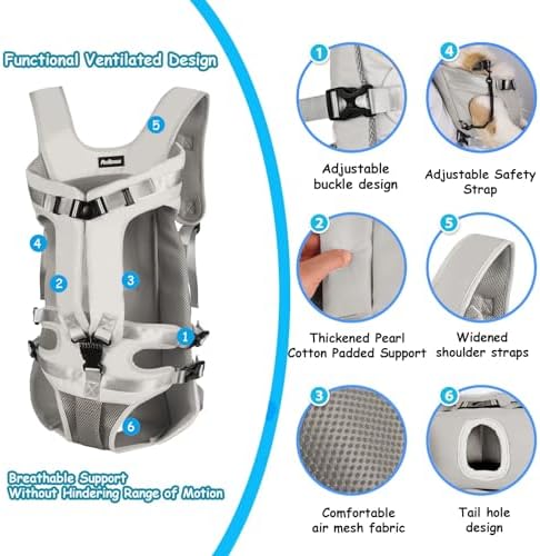 PetBonus Pet Front Dog Carrier Backpacks, Adjustable Pet Backpack, Legs Out Easy-fit Puppy Chest Carrier for Medium Small Dogs, Hands Free for Hiking, Cycling (Grey, XL)