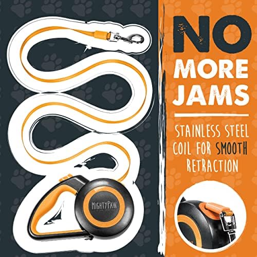 Mighty Paw Retractable Dog Leash 2.0 | 16' Heavy Duty Reflective Nylon Tape Lead for Pets up to 0-50 lbs. Tangle Free Design W/One Touch Quick-Lock Braking System & Anti-Slip Handle (Orange/Lite)