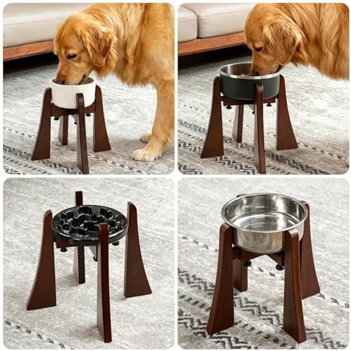 Solid Wood Elevated Dog Bowl Stand with Adjustable Width, 10-Inch Raised | Fits 6.3-7.8 Inch Dog Food & Water Bowls, Non-Slip Base, Ergonomic Design for Corgis, Beagles, Medium Breeds, Stand Only