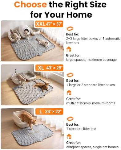 Large Cat Litter Mat, 34 x 22 Inch, Anti-slip Silicone Litter Box Mat, Gray