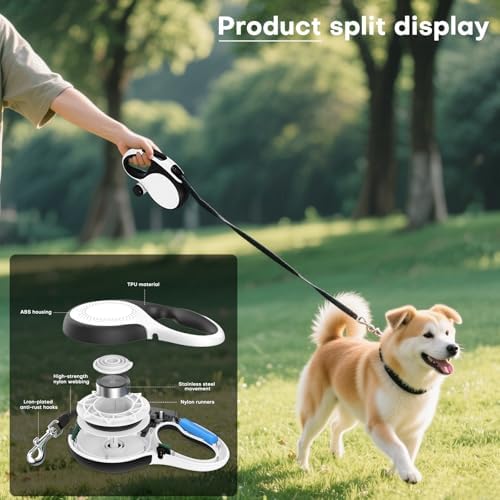 Retractable Dog Leash with Chew Proof Cable,26Ft Heavy Duty Dog Leash for Medium Large Dogs up to 110lbs,360°No Tangle,One-Handed Brake,Pause,Lock(White)