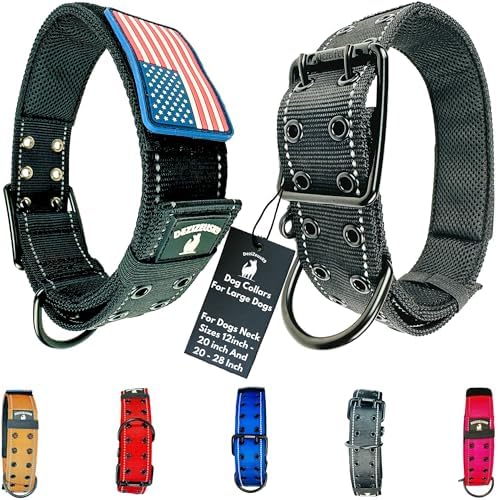Tactical Dog Collar 2 Inch Wide Heavy Duty with Metal 2-Pin Belt Buckle, Adjustable for Large & Medium Dogs, Military Style K9 Collar with Name Patch Area, USA Flag Patch, ID Tag Loop, Strong Durable